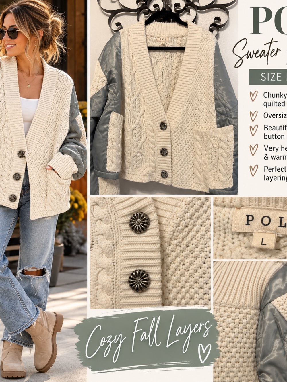 POL Cream Chunky Cable Knit Cardigan with Decorative Buttons